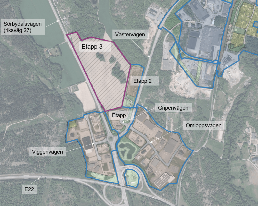 Planområdet syns i sitt sammanhang med vägnät och tidigare etapper utmarkerade.