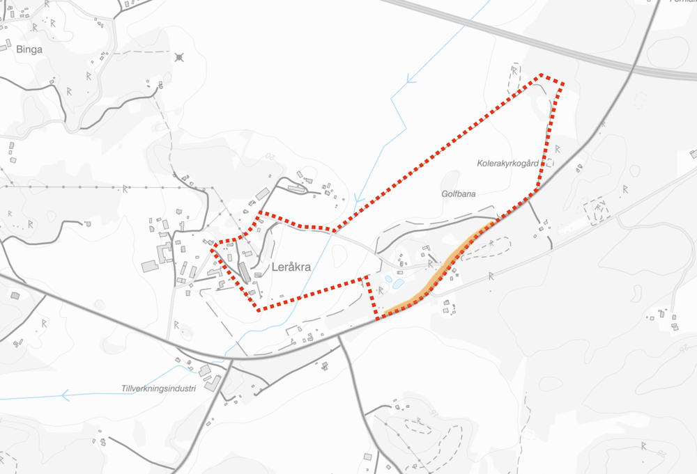 Bild som visar planområdet för Leråkra 2:4, 2:5 samt område som avses upphävas.